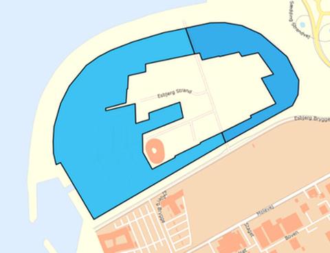 kort der viser vandet omkring havneøen ved Esbjerg Strand